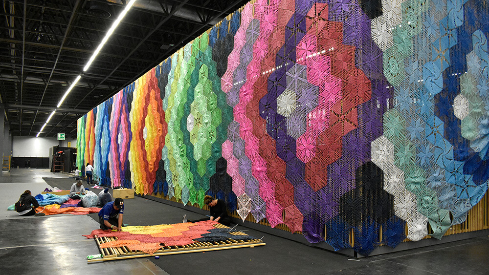 colorful fabric over exhibit booth