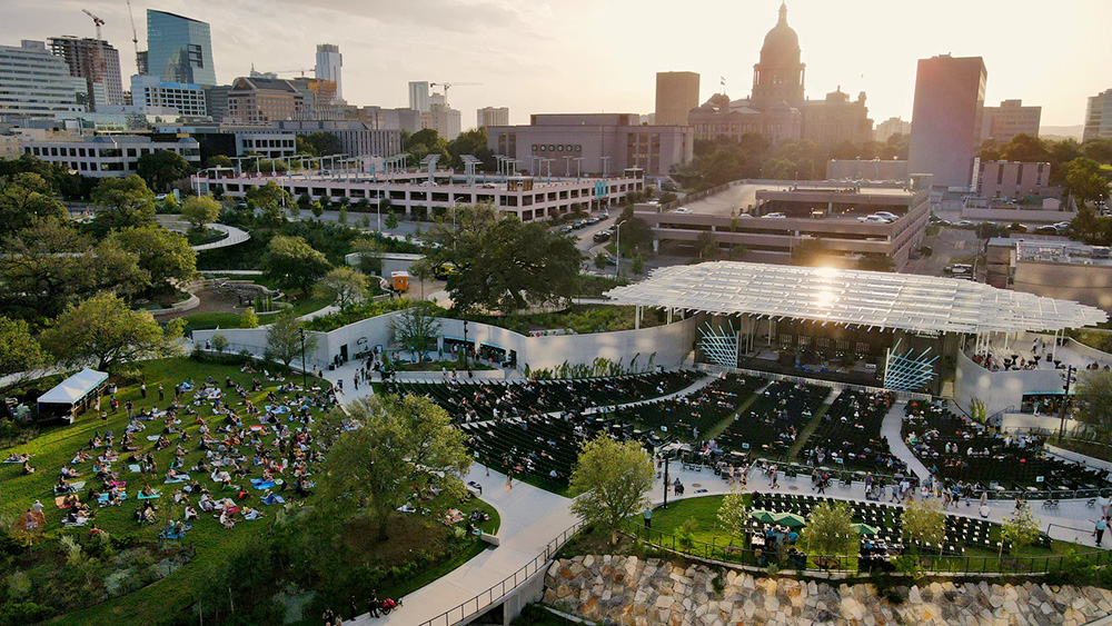 aerial shot of amphitheater with lawn area behind seat area