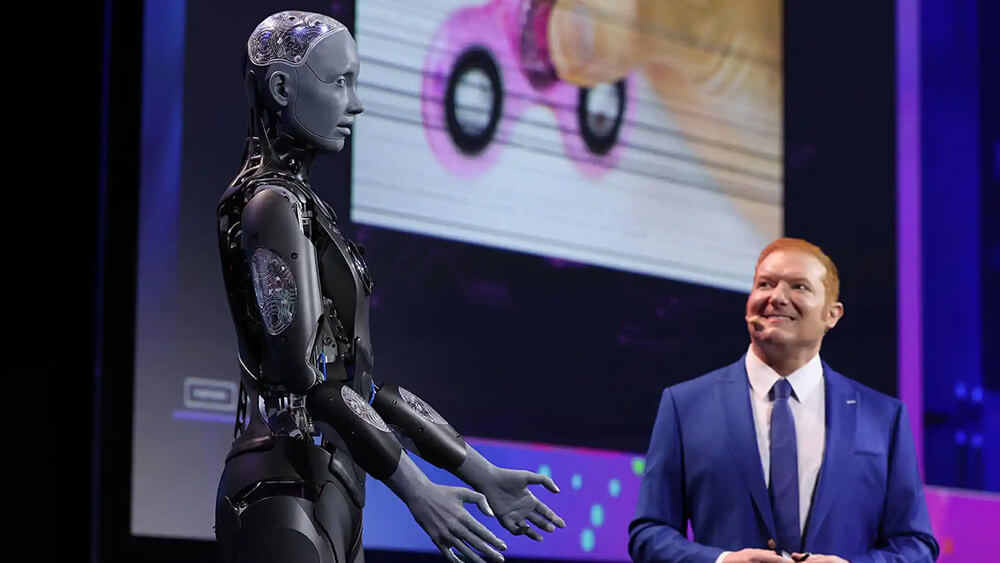 robot on stage with man