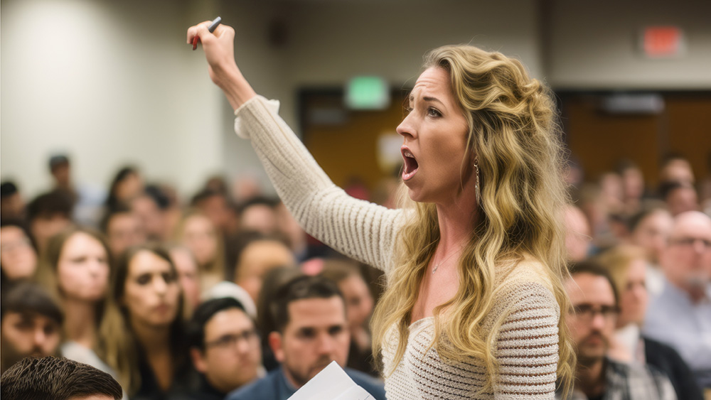 woman from audience speaking out with hand up