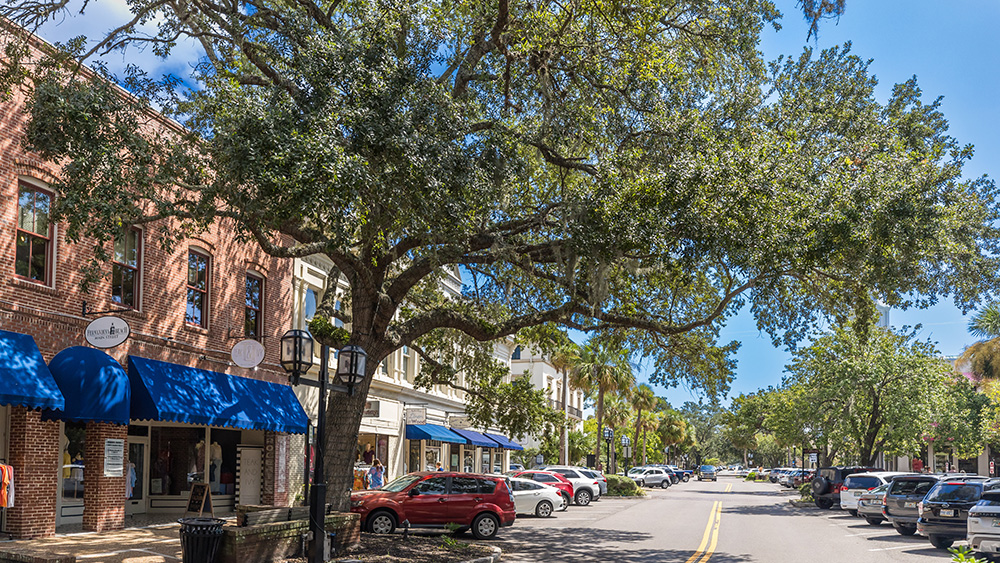 tree-lined small town downtown street