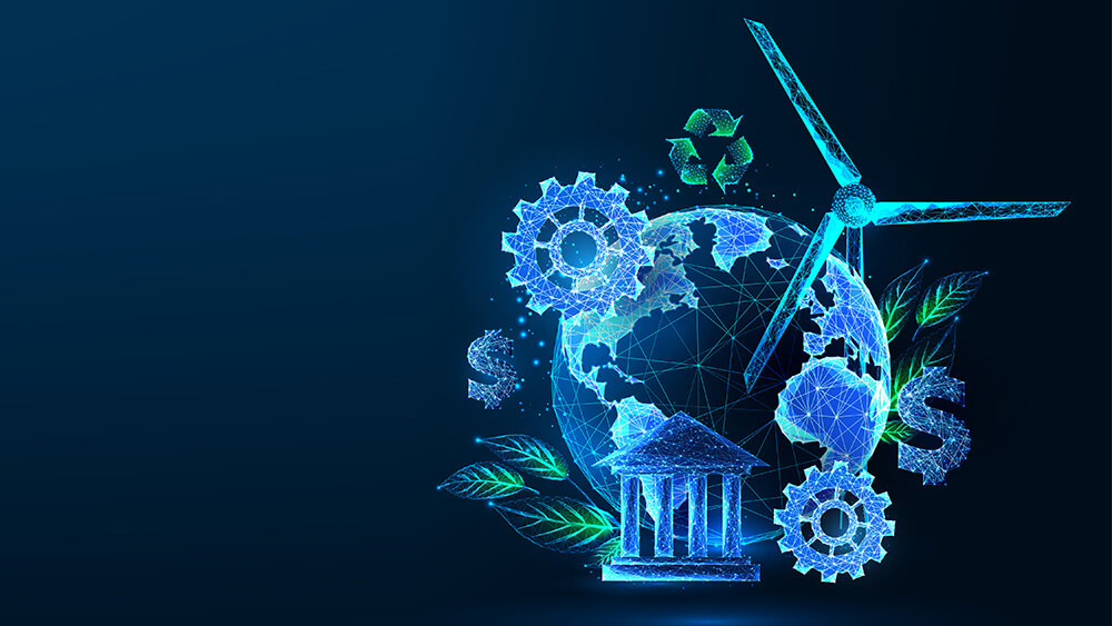 blue and green illo showing planet, gears, leaves building dollar sign to represent ESG