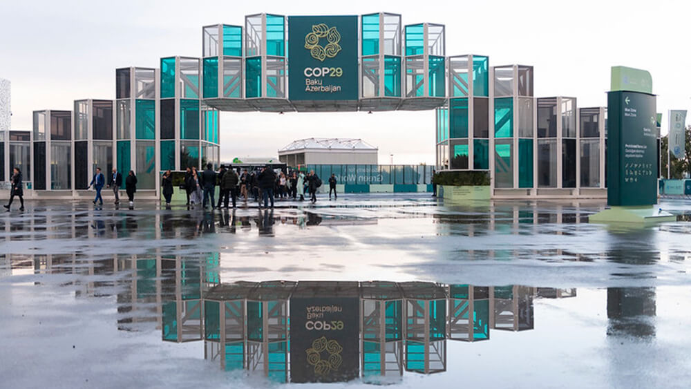 entrance to conventions grouns with COP29 sign