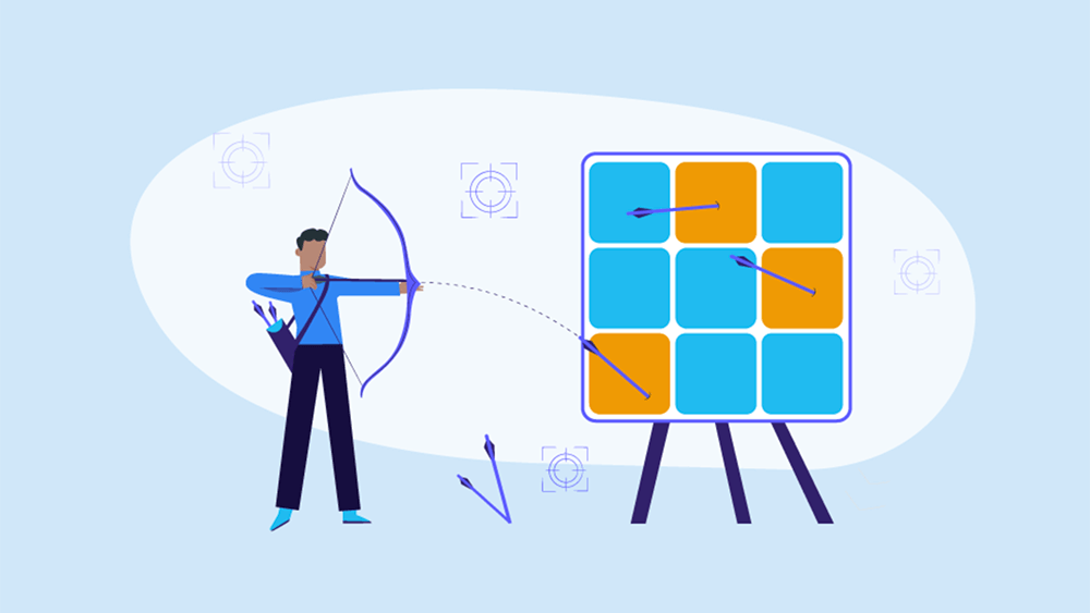 man shooting arrows at boxes in grid board