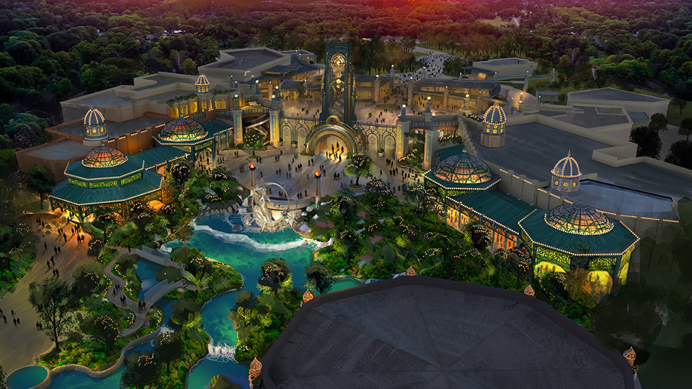 aerial drawing of fanciful resort