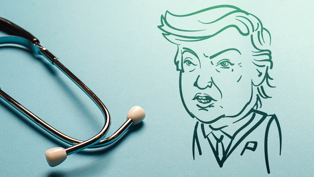 illustrated image of Trump with photo of stethoscope