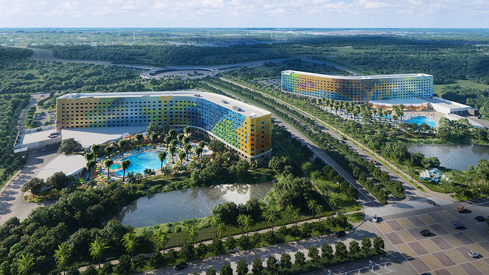 artist rendering of 2 colorful resort hotels looking like mirror images