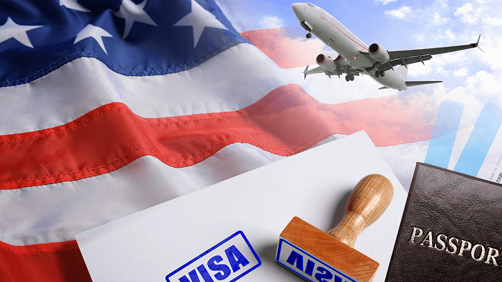 U.S. flag, airplane, passport, visa stamp