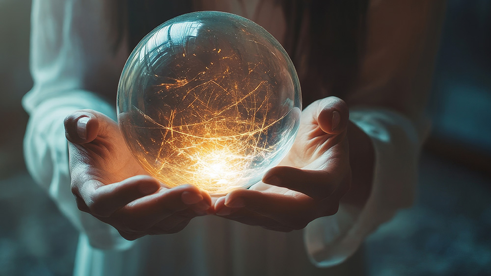 cracked crystal ball floating above woman's hands