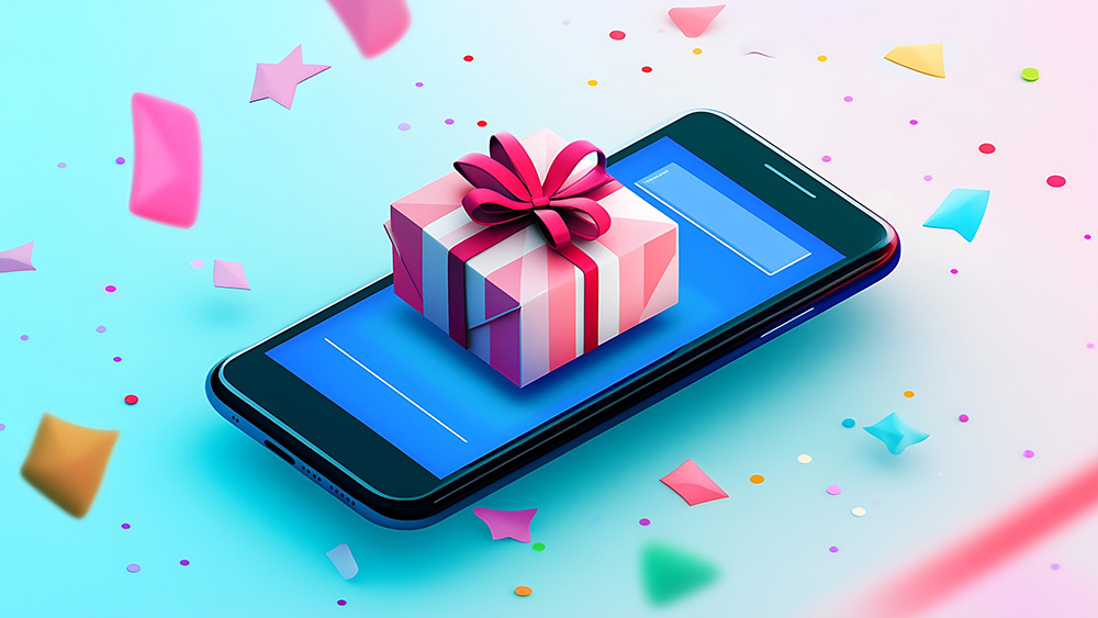 cell phone with wrapped gift on top illustration